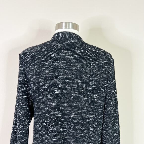 Eileen Fisher | Designer Black White Cotton Tweed Knit Open Front Sweater LP - Picture 8 of 11